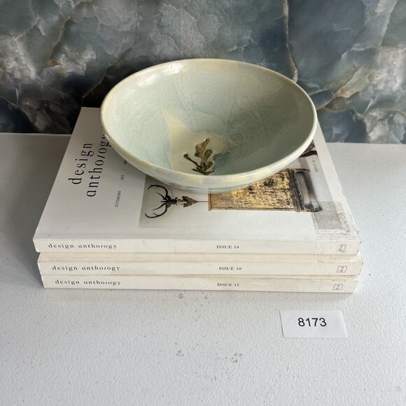 Studio Art Pottery Bowl 7" Blue Leaf Motif Glazed Marked By Artist - Picture 7 of 7